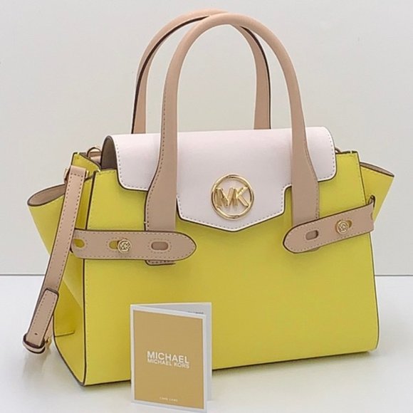 Michael Kors Handbags - Michael Kors Carmen Medium Colorblock Faux Saffiano Leather Belted Satchel